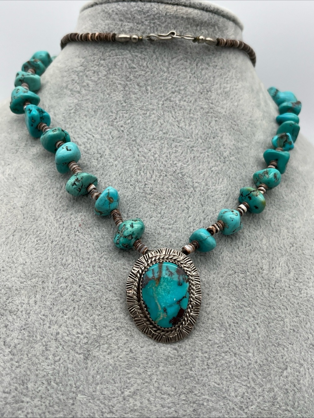 Vintage Navajo Turquoise & Heishi Sterling Silver Beads Necklace Bobby Etsitty